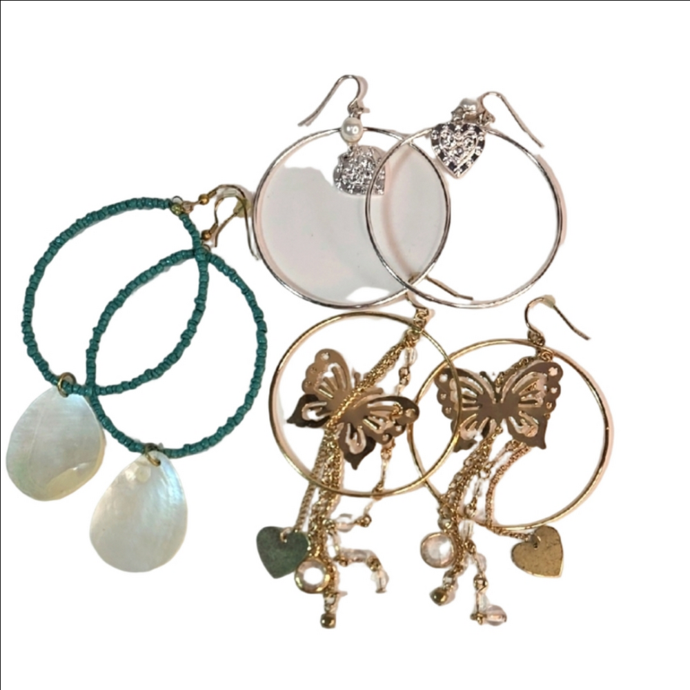 3 Sets Boho Lge Hoop Earrings Elegant Gold Silver MOP Hearts Butterfly Crystals